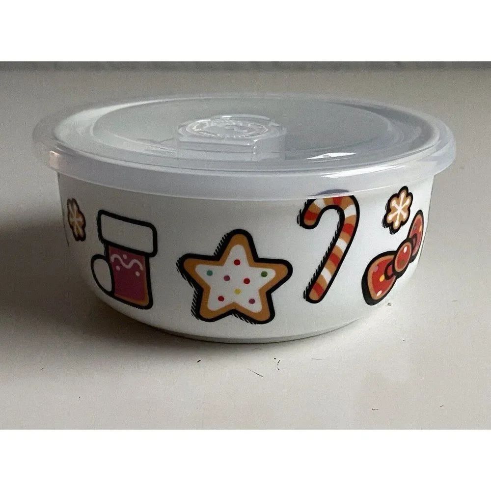 Hello Kitty Christmas Pressure Lid Ceramic Food Storage Bowl Container Small NEW